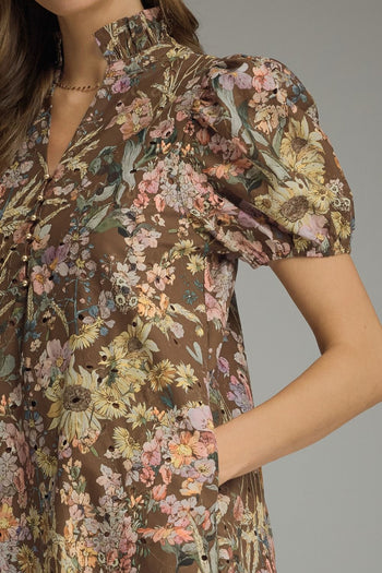Entro Floral Eyelet Puff Sleeve Midi Dress in Brown
