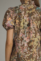 Entro Floral Eyelet Puff Sleeve Midi Dress in Brown