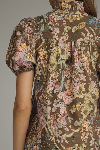 Entro Floral Eyelet Puff Sleeve Midi Dress in Brown