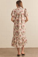 Entro Floral Print Puff Sleeve Midi Dress in Ecru