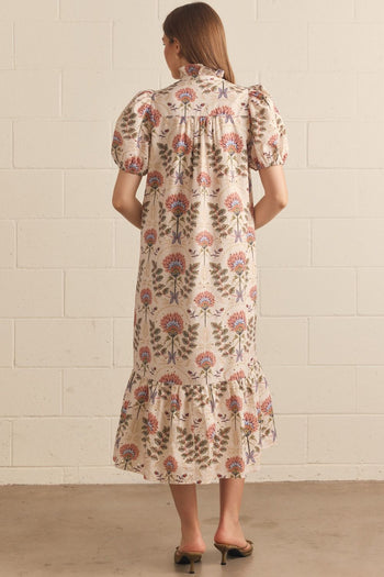 Entro Floral Print Puff Sleeve Midi Dress in Ecru