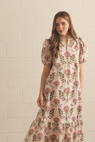 Entro Floral Print Puff Sleeve Midi Dress in Ecru