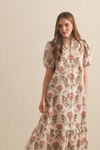 Entro Floral Print Puff Sleeve Midi Dress in Ecru