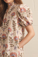 Entro Floral Print Puff Sleeve Midi Dress in Ecru