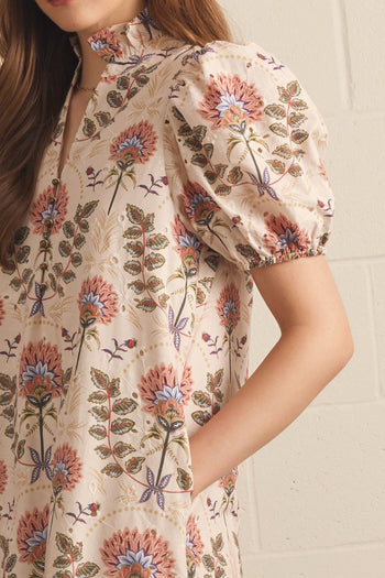 Entro Floral Print Puff Sleeve Midi Dress in Ecru