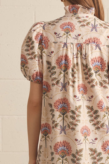 Entro Floral Print Puff Sleeve Midi Dress in Ecru