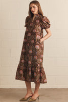 Entro Floral Print Puff Sleeve Midi Dress in Brown