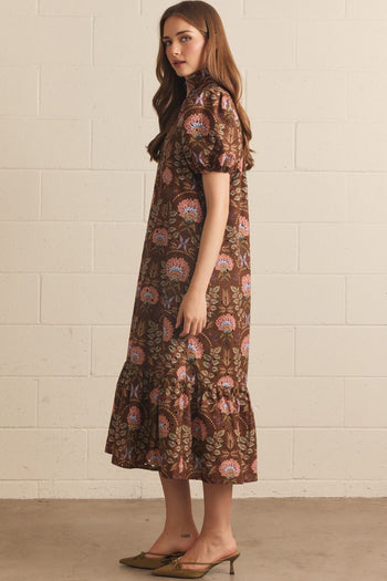 Entro Floral Print Puff Sleeve Midi Dress in Brown