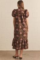 Entro Floral Print Puff Sleeve Midi Dress in Brown