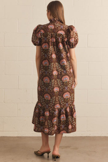 Entro Floral Print Puff Sleeve Midi Dress in Brown