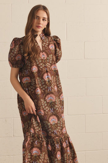 Entro Floral Print Puff Sleeve Midi Dress in Brown