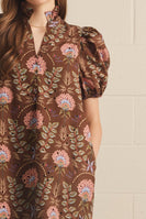 Entro Floral Print Puff Sleeve Midi Dress in Brown