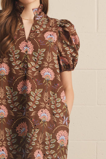 Entro Floral Print Puff Sleeve Midi Dress in Brown