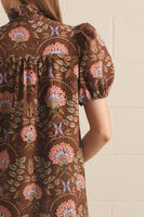 Entro Floral Print Puff Sleeve Midi Dress in Brown