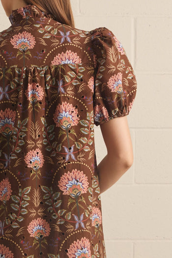 Entro Floral Print Puff Sleeve Midi Dress in Brown