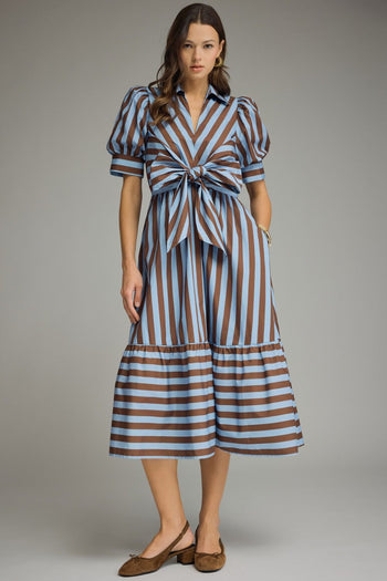 Entro Contrasting Stripe Front Bow Tie Midi Dress in Blue Brown