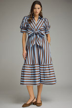 Load image into Gallery viewer, Entro Contrasting Stripe Front Bow Tie Midi Dress in Blue Brown
