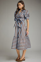 Entro Contrasting Stripe Front Bow Tie Midi Dress in Blue Brown