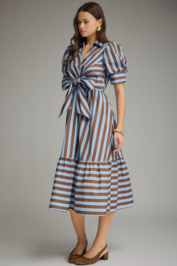 Entro Contrasting Stripe Front Bow Tie Midi Dress in Blue Brown