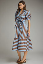 Load image into Gallery viewer, Entro Contrasting Stripe Front Bow Tie Midi Dress in Blue Brown
