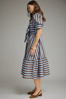 Entro Contrasting Stripe Front Bow Tie Midi Dress in Blue Brown