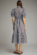 Load image into Gallery viewer, Entro Contrasting Stripe Front Bow Tie Midi Dress in Blue Brown
