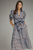 Entro Contrasting Stripe Front Bow Tie Midi Dress in Blue Brown