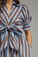 Entro Contrasting Stripe Front Bow Tie Midi Dress in Blue Brown