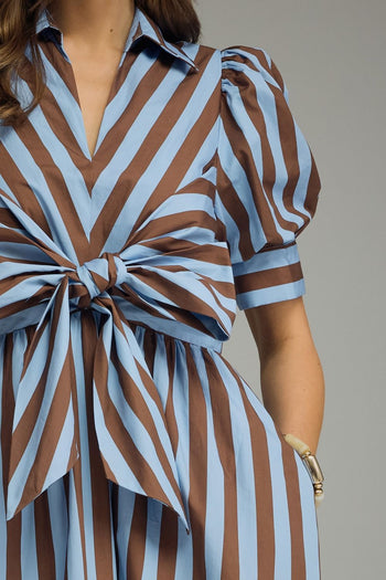Entro Contrasting Stripe Front Bow Tie Midi Dress in Blue Brown