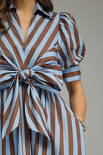 Load image into Gallery viewer, Entro Contrasting Stripe Front Bow Tie Midi Dress in Blue Brown
