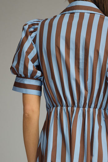 Entro Contrasting Stripe Front Bow Tie Midi Dress in Blue Brown