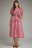 Entro Contrasting Stripe Front Bow Tie Midi Dress in Plum Wine