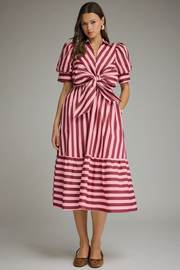 Entro Contrasting Stripe Front Bow Tie Midi Dress in Plum Wine