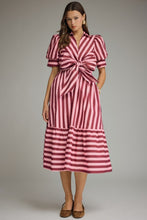 Load image into Gallery viewer, Entro Contrasting Stripe Front Bow Tie Midi Dress in Plum Wine
