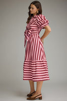 Entro Contrasting Stripe Front Bow Tie Midi Dress in Plum Wine