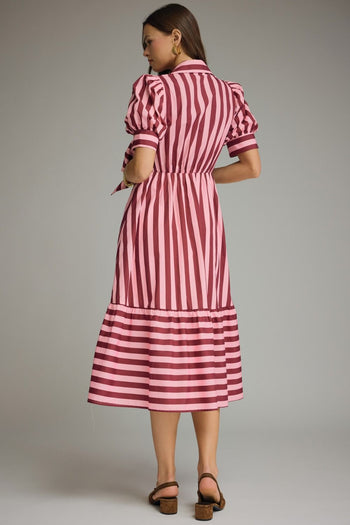 Entro Contrasting Stripe Front Bow Tie Midi Dress in Plum Wine