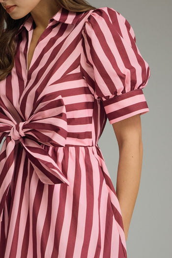 Entro Contrasting Stripe Front Bow Tie Midi Dress in Plum Wine