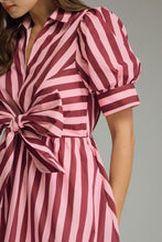 Load image into Gallery viewer, Entro Contrasting Stripe Front Bow Tie Midi Dress in Plum Wine
