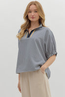 Entro Contrasting Striped Pattern Dolman Top in Navy