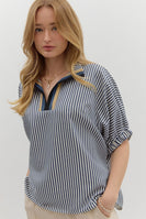 Entro Contrasting Striped Pattern Dolman Top in Navy