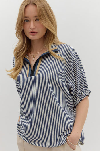 Entro Contrasting Striped Pattern Dolman Top in Navy