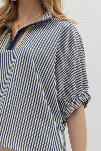 Entro Contrasting Striped Pattern Dolman Top in Navy