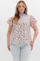 Entro Floral Print Flutter Sleeve Top in Red