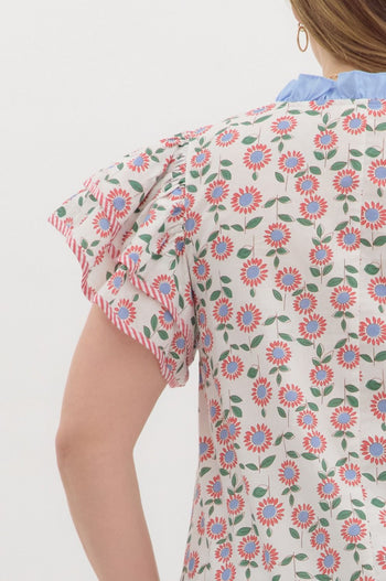 Entro Floral Print Flutter Sleeve Top in Red