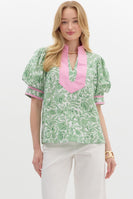Entro Floral Print Top with Contrasting Accents in Green
