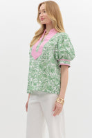 Entro Floral Print Top with Contrasting Accents in Green