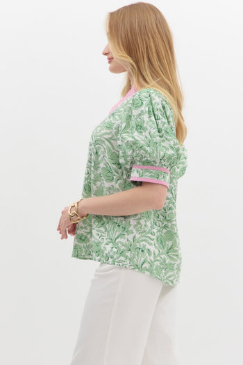 Entro Floral Print Top with Contrasting Accents in Green