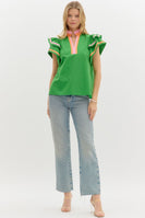 Entro Solid Color Top with Multi Color Stripe Details in Green