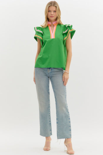 Entro Solid Color Top with Multi Color Stripe Details in Green