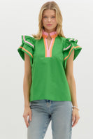 Entro Solid Color Top with Multi Color Stripe Details in Green